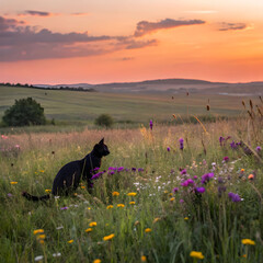 sunset meadow with black cat