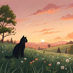sunset meadow with black cat
