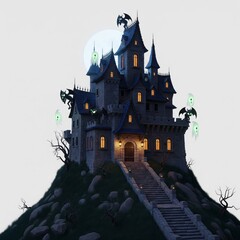 Pixel Art Spooky Castle on Hill with Bats and Ghosts under Full Moon