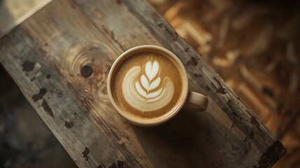 A top view of a perfectly designed rosette latte, made with a combination of creamy milk and strong espresso, in a warm beige ceramic cup with a soft sheen, placed on a worn and weathered wooden table