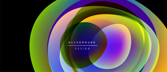 Abstract colorful layers create dynamic circular design. Gradient hues blend, forming vibrant background element. Text reads background design.