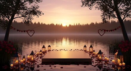 Enchanting sunrise over a misty lake with a candlelit platform adorned with red rose petals and heart garlands.