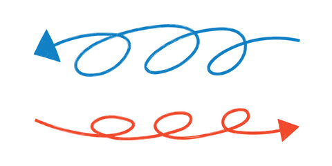 Hand drawn crayon movement arrow collection. Grunge squiggly arrow set. Pencil chalk lines sketch. Red, blue brush scribble element set. Doodle vector illustration.
