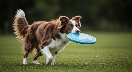 Energetic border collie running in lush green field with a blue disc