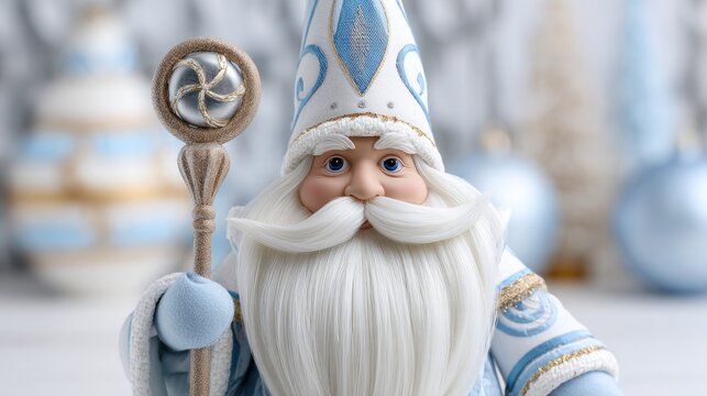 Close up of russian ded moroz figurine with decorated staff &ndash; winter holiday ornament for festive decor and christmas celebration