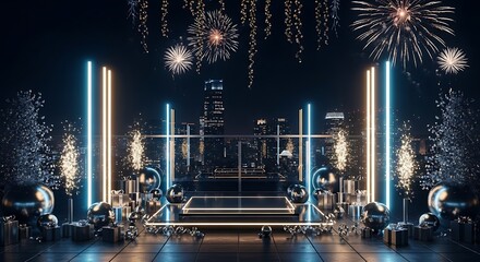 A dazzling modern celebration scene featuring a reflective stage, glowing neon columns, and fireworks over a futuristic city skyline.