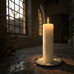 tall candle lit at the center