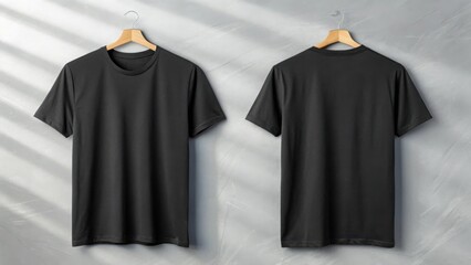 Front and back view of a black tshirt hanging on a wooden hanger against a textured wall