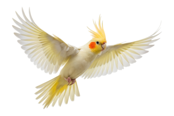A domestic cockatiel bird with a yellow crest and orange cheeks gracefully spreads its wings while flying, isolated on transparent background png.