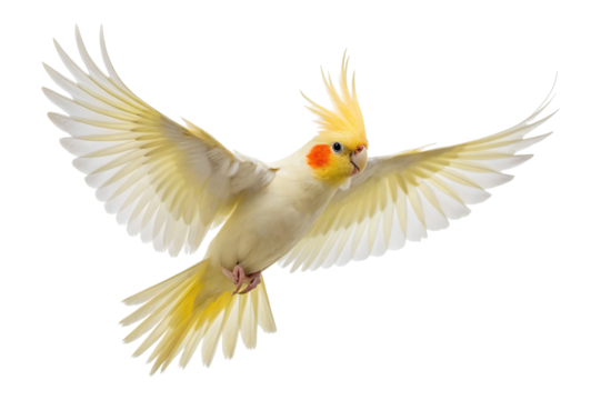 A domestic cockatiel bird with a yellow crest and orange cheeks gracefully spreads its wings while flying, isolated on transparent background png. - Powered by Adobe