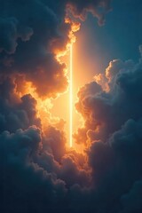 Fototapeta premium A single ray of light pierces through dark clouds, symbolizing hope and divine intervention, a powerful image of spiritual awakening and redemption , hope, light
