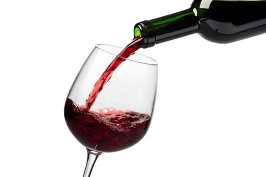 Rich red wine pours smoothly from a dark bottle into a stemmed glass. This is a transparent png image, isolated for clarity.