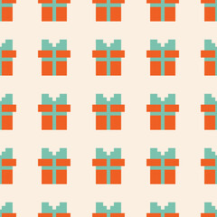 Pixel Art Seamless Gift Box Pattern Vector Illustration. Perfect for holiday, birthday, or festive designs, adding cheerful and playful elements.