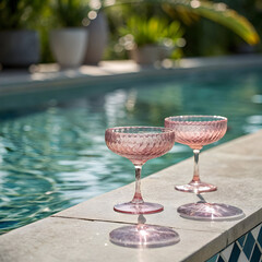 two vintage style pink glass coupe glasses placed