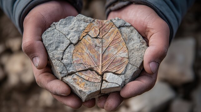 Hands holding a cracked stone revealing a fossilized leaf imprint, natural outdoor background, detailed close-up, National Fossil Day