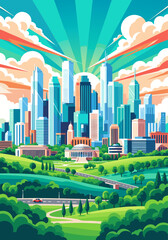 Obraz premium Vibrant Cityscape with Lush Greenery and Sunny Rays, an Urban Oasis