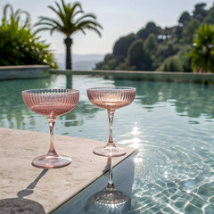 two vintage style pink glass coupe glasses placed