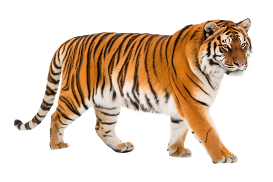 A magnificent tiger with bright orange and black stripes is calmly walking, an isolated transparent png showing the powerful wild animal.