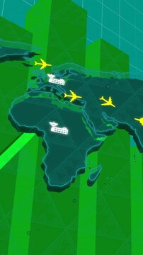 Airplanes and cargo ships over world map with green bar graphs