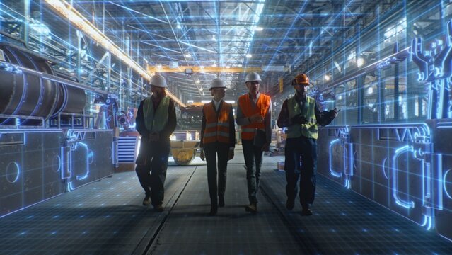 Team of Men and Women Wearing Protective Vests and Helmets Walks Around and Discusses Large Industrial Facility Surrounded by Glowing Blue Digital Grid. Concept Internet of Things, Augmented Reality.
