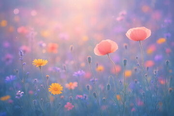 Fototapeta premium Soft pastel-colored wildflowers in gentle sunlight with dreamy bokeh background, symbolizing spring, freshness, and peaceful nature beauty..