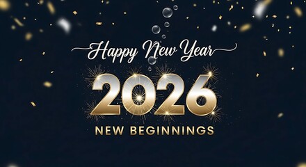 Happy new year 2026 with golden numbers and falling confetti