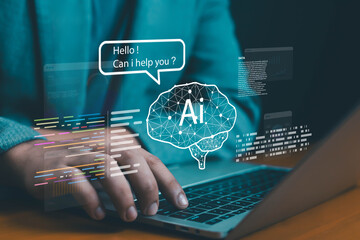 Person using laptop with AI chatbot interface, concept of artificial intelligence technology, digital assistant, data analysis, machine learning, and online communication innovation.
