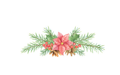 Watercolor New Year's composition with a poinsettia with red petals and a yellow core. It is surrounded by green needles, pine or spruce needles, and holly branches with red berries. 