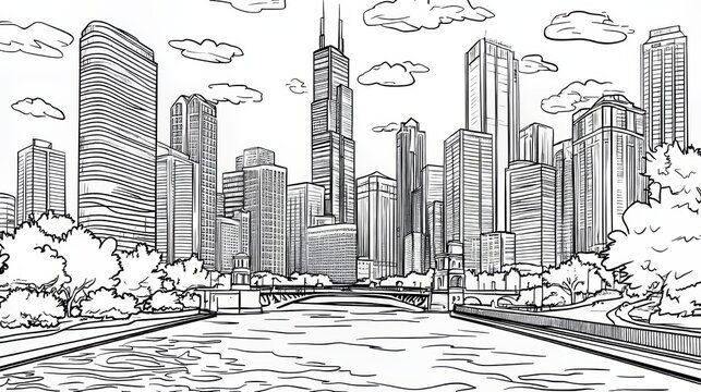 The Chicago Skyline Coloring Page is a detailed line art illustration that showcases the city's skyline, complete with famous buildings, a river, and trees, representing urban life, architecture,