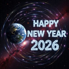 Happy new year 2026 earth orbiting galaxy cosmic celebration