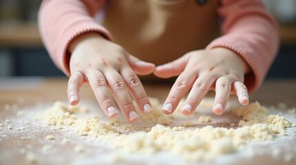 Detail shot showing children&rsquo;s hands creating patterns in spilled flour representing innocence, playfulness, and family bonding after baking