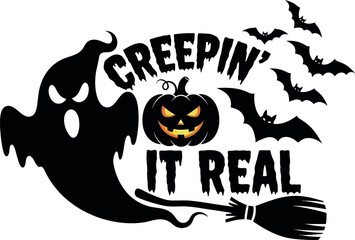 Spooky halloween graphic with ghost pumpkin and bats for creepin' it real theme vector
