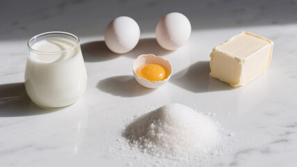 Rustic flat lay of Paska baking essentials with eggs, butter, and milk under gentle sunlight representing home cooking tradition