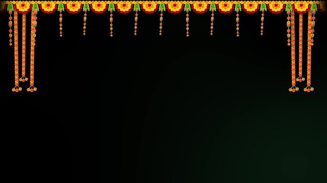 Flower garland decoration toran for Happy Diwali, Dussehra Indian Holiday festival background. Festive, Luxury, golden, Podium, Showcase stage Product display. Indian traditional festival background.