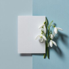 Snowdrop flower on blue background with white card mockup for spring floral design and invitation