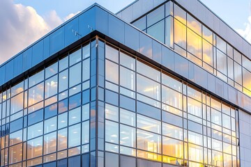 Obraz premium Modern Urban Architecture with Sunlit Glass Facade Reflecting Vibrant City Life in Business District