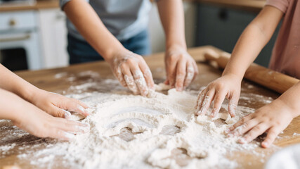 Fototapeta premium Macro shot of children’s hands making playful shapes in spilled flour after baking, capturing joyful family kitchen moments and natural texture in soft daylight