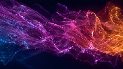 Fototapeta premium Vibrant swirling clouds of luminous colored smoke in shades of purple pink orange and blue against a dark background creating an abstract ethereal flow