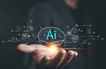 Businessman holding digital AI brain hologram, concept of artificial intelligence, innovation technology, data connection, smart system, and futuristic digital transformation holding glowing