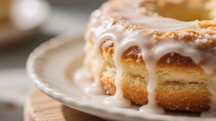 Macro shot of glossy sugar glaze gently dripping over the golden crust of freshly baked Easter bread, illuminated by soft sunlight for a warm, homely atmosphere.