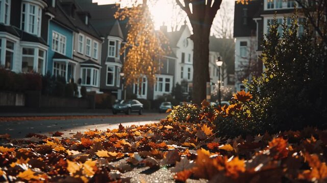 City street with autumn leaves