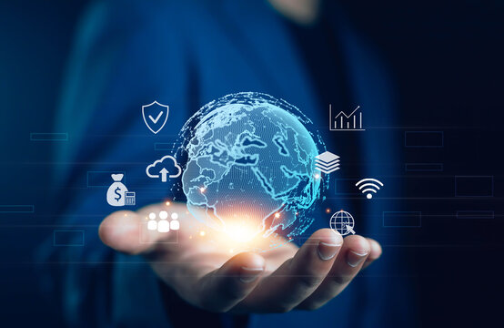 Businessman holding digital globe with technology icons, concept of global business, digital transformation, cloud computing, financial growth, and worldwide innovation a innovation, cloud computing, - Powered by Adobe