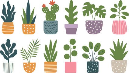 Stylized potted plant collection, colorful foliage and pot designs, leafy greens and cactus mix, indoor botanical illustration, modern decor asset