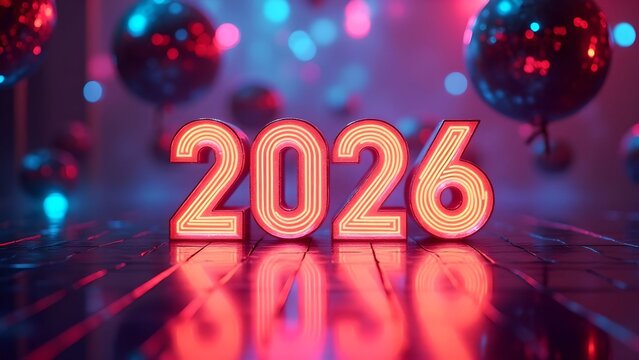 Bright neon 2026 display with disco balls creating a festive atmosphere for a celebration event