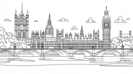 Fototapeta premium This intricate line art coloring page showcases the Glasgow skyline, complete with a bridge, river, and city buildings, symbolizing the urban landscape and architecture