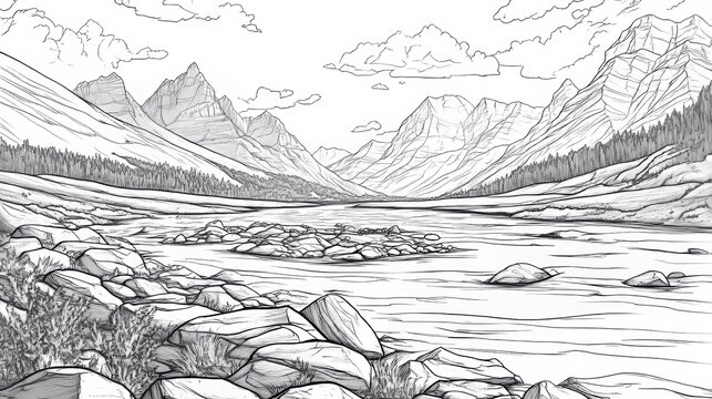 A scenic line art coloring page of Glacier National Park in Montana represents nature, adventure, tranquility, and beauty