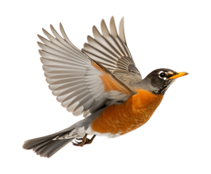 A vibrant orange breasted bird flies swiftly with powerful wings spread wide, perfectly isolated on a transparent background, provided as a clean png.