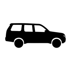 Vector art of silhouette of a black suv, showcasing its boxy design, roof rack, and sturdy wheels, perfect for outdoor adventures and family trips, conveying reliability and versatility