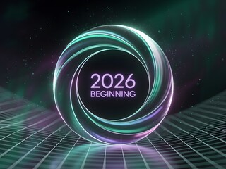 Futuristic glowing portal with the year 2026 and the word beginning illuminated in vibrant neon lights against a dark digital background