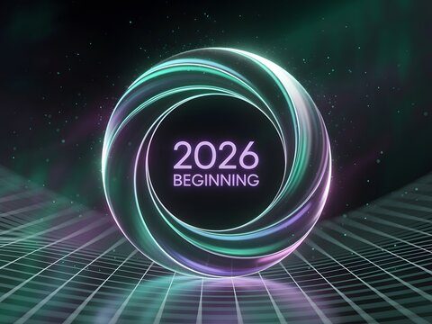 Futuristic glowing portal with the year 2026 and the word beginning illuminated in vibrant neon lights against a dark digital background